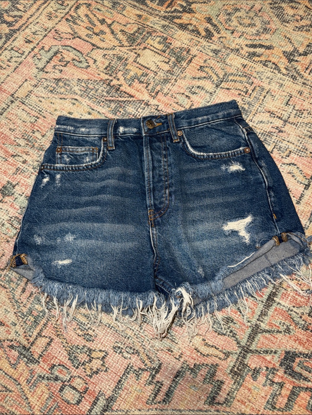 We The Free Frayed Hem Distressed Blue Denim Shorts